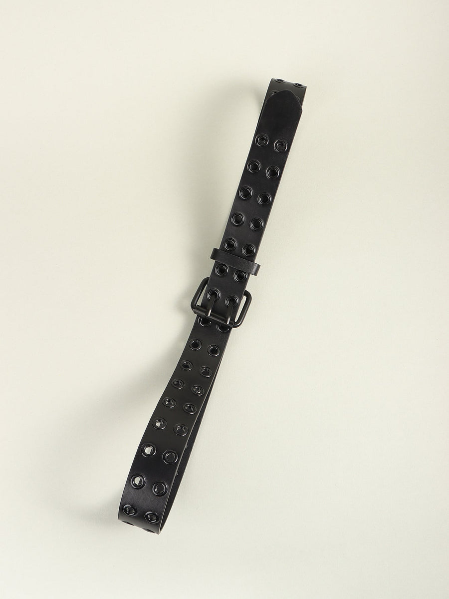 Black vegan leather belt with double row of grommets and silver buckle