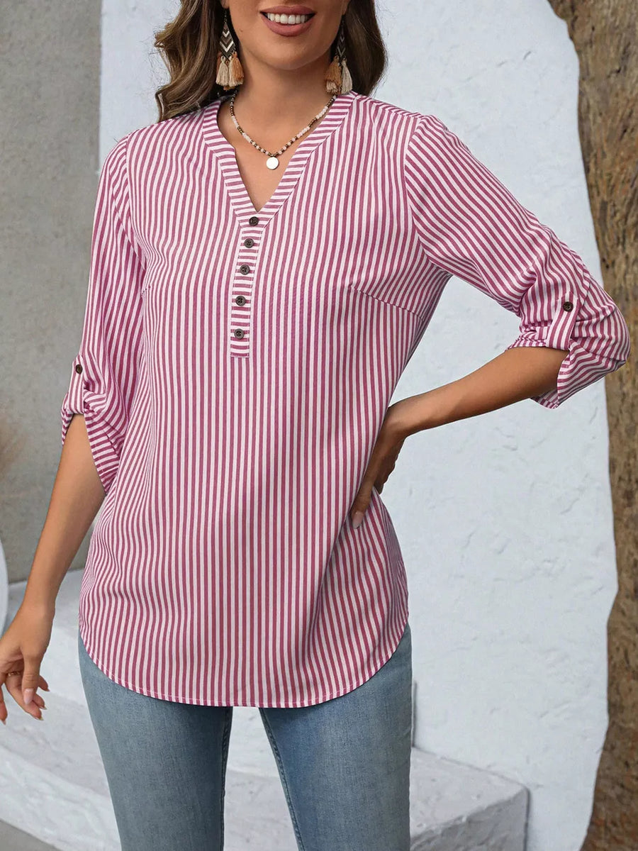 Red Stripe V-neck blouse with roll-up sleeves and button detail.