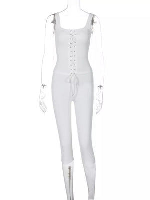 White ribbed lace-up tank top and capri pants set with drawstring waist