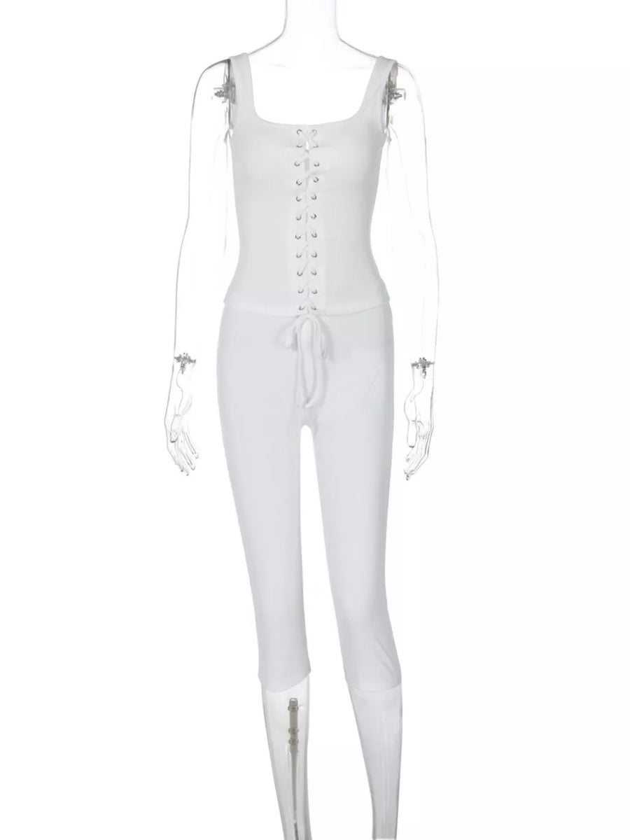 White ribbed lace-up tank top and capri pants set with drawstring waist