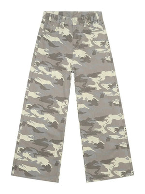 Faded wash palazzo denim trousers in green camouflage pattern with a wide leg.
