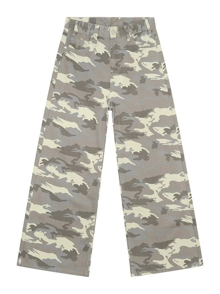Faded wash palazzo denim trousers in green camouflage pattern with a wide leg.