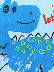 Blue cotton tee with a smiling dinosaur graphic and green circles.
