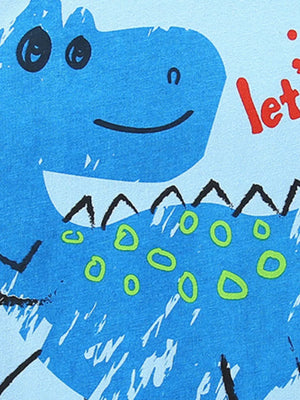 Blue cotton tee with a smiling dinosaur graphic and green circles.