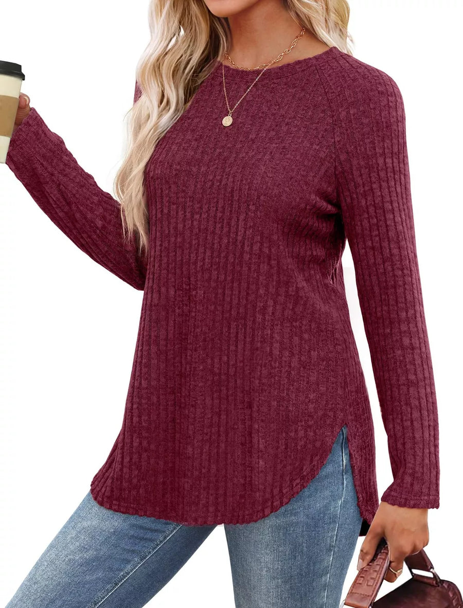 Ribbed knit long sleeve maternity tee in rust with crew neck and side slits.