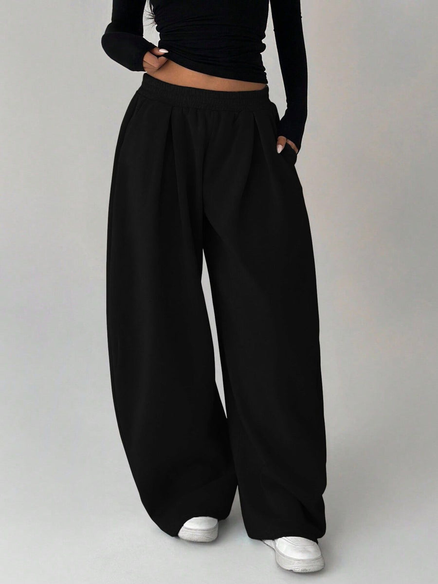 Elastic Waist Wide-Leg Sweatpants in light gray with elastic waist