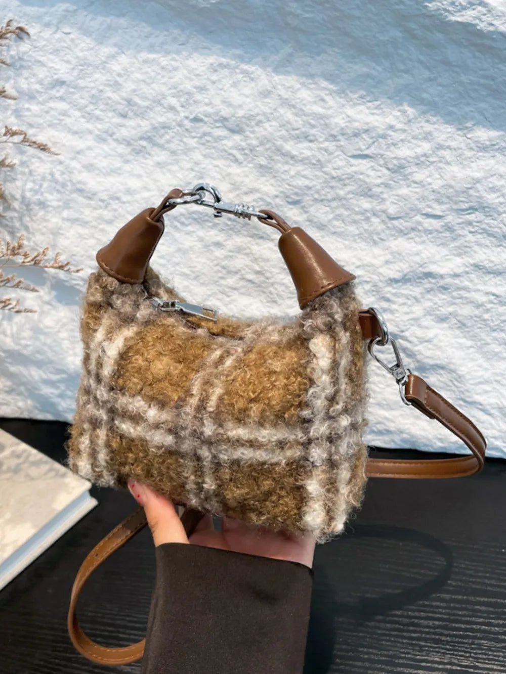 Shearling check mini shoulder bag in brown with leather trim and silver hardware.