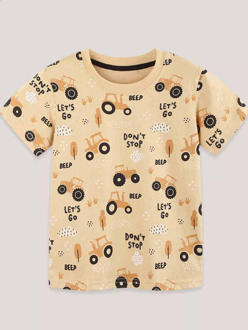 Toddler beige cotton t-shirt with a playful tractor and farm graphic print.