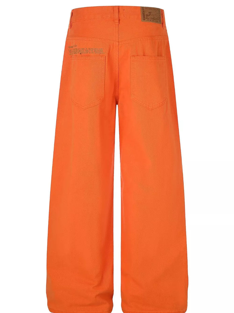 orange wide-leg pants with full-length and zip-front