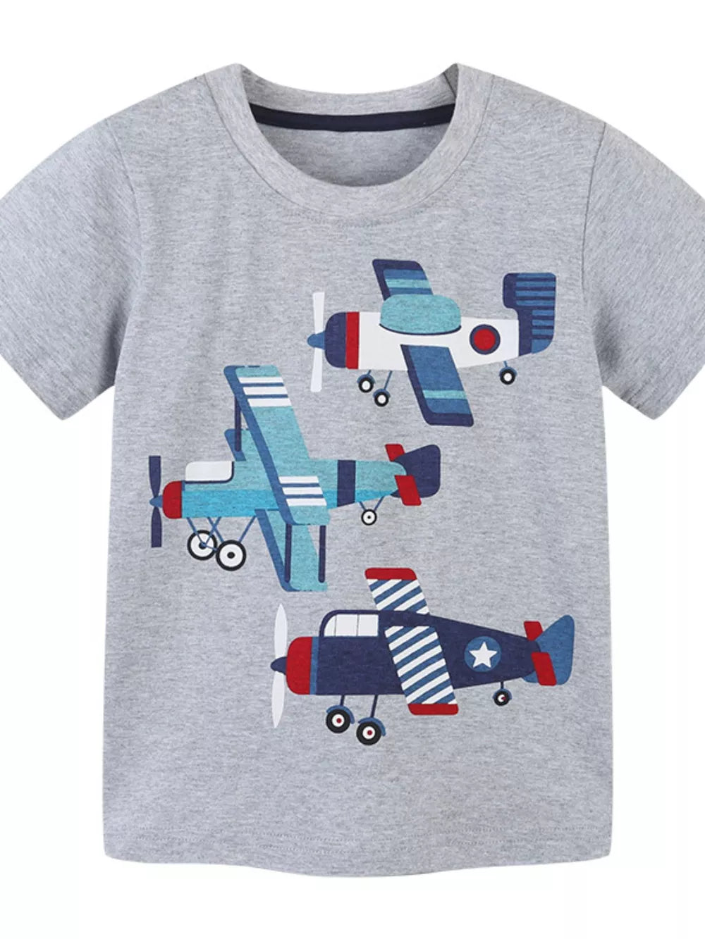 Grey cotton crew neck t-shirt with playful cartoon airplane graphics for toddlers.