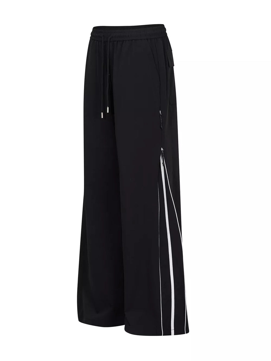 Black wide-leg pants with full-length and drawstring