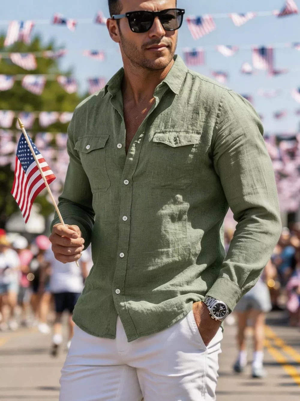 Army green casual button-up shirt with two chest pockets and white buttons.