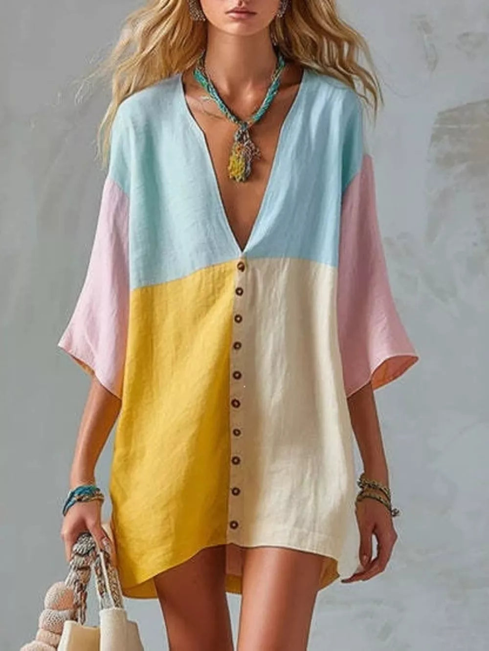 Yellow Color Block V-neck Mini Dress