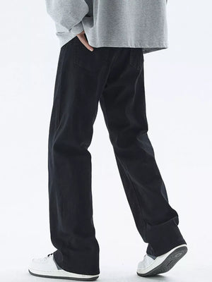 Black relaxed fit cotton jeans for men with a straight leg cut.