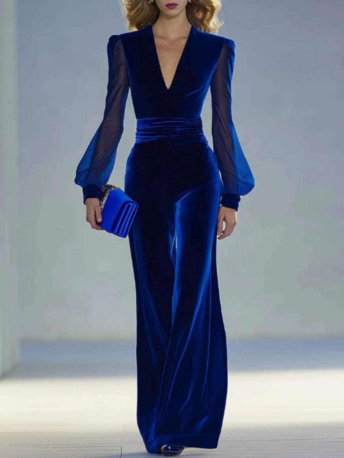 Royal blue velvet jumpsuit with sheer balloon sleeves and wide-leg pants.