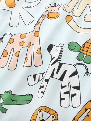 Baby T-shirt with cartoon safari animals including giraffe, zebra, and crocodile on light blue.