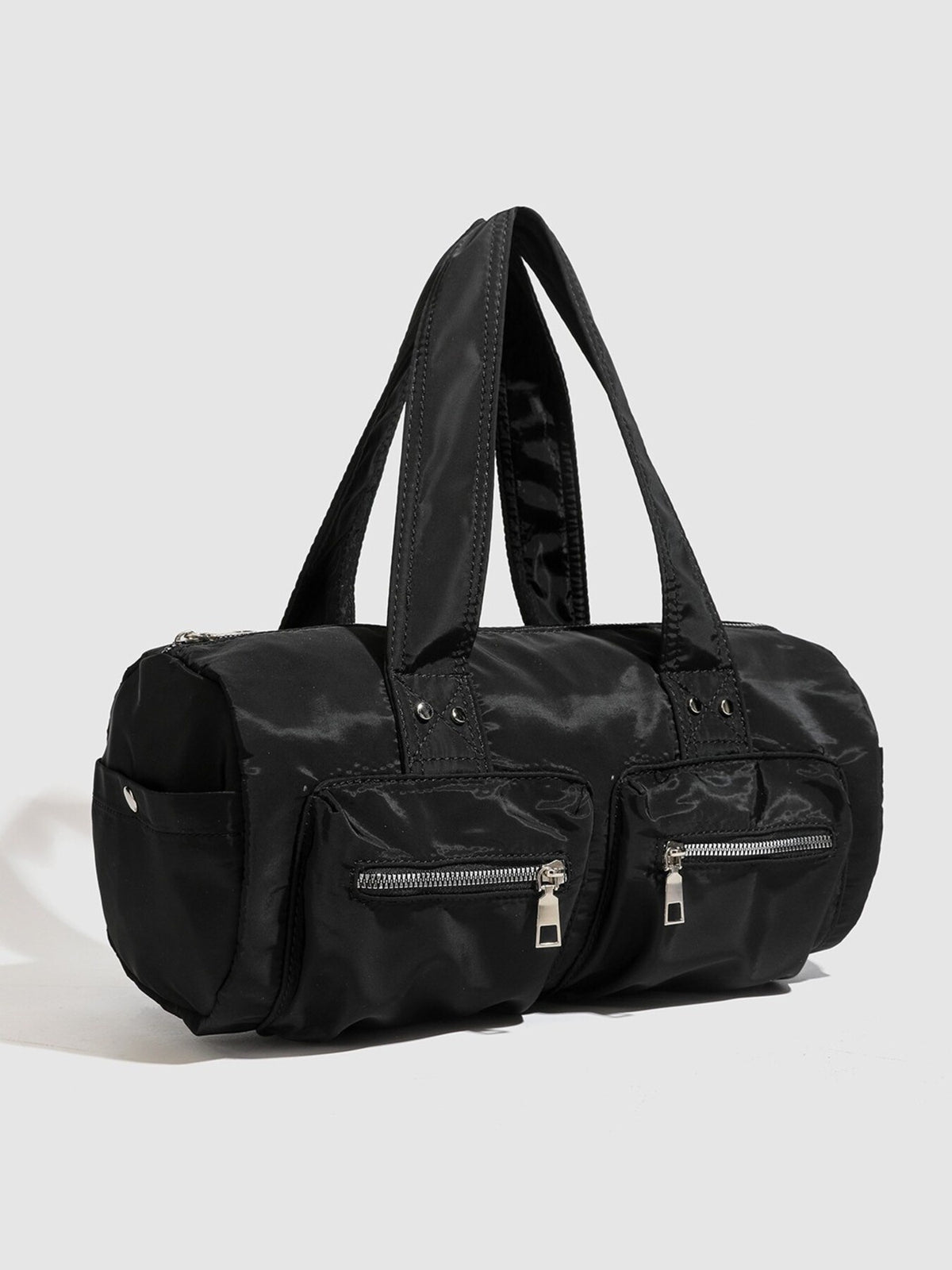 Minimalist Nylon Barrel Shoulder Bag in black with dual top handles