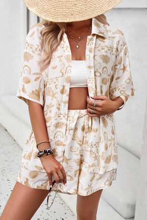 Women's resort shirt in tan abstract print, button-down with short sleeves, paired with matching shorts.