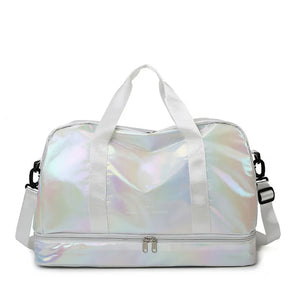 Iridescent duffel bag with separate compartment and white straps