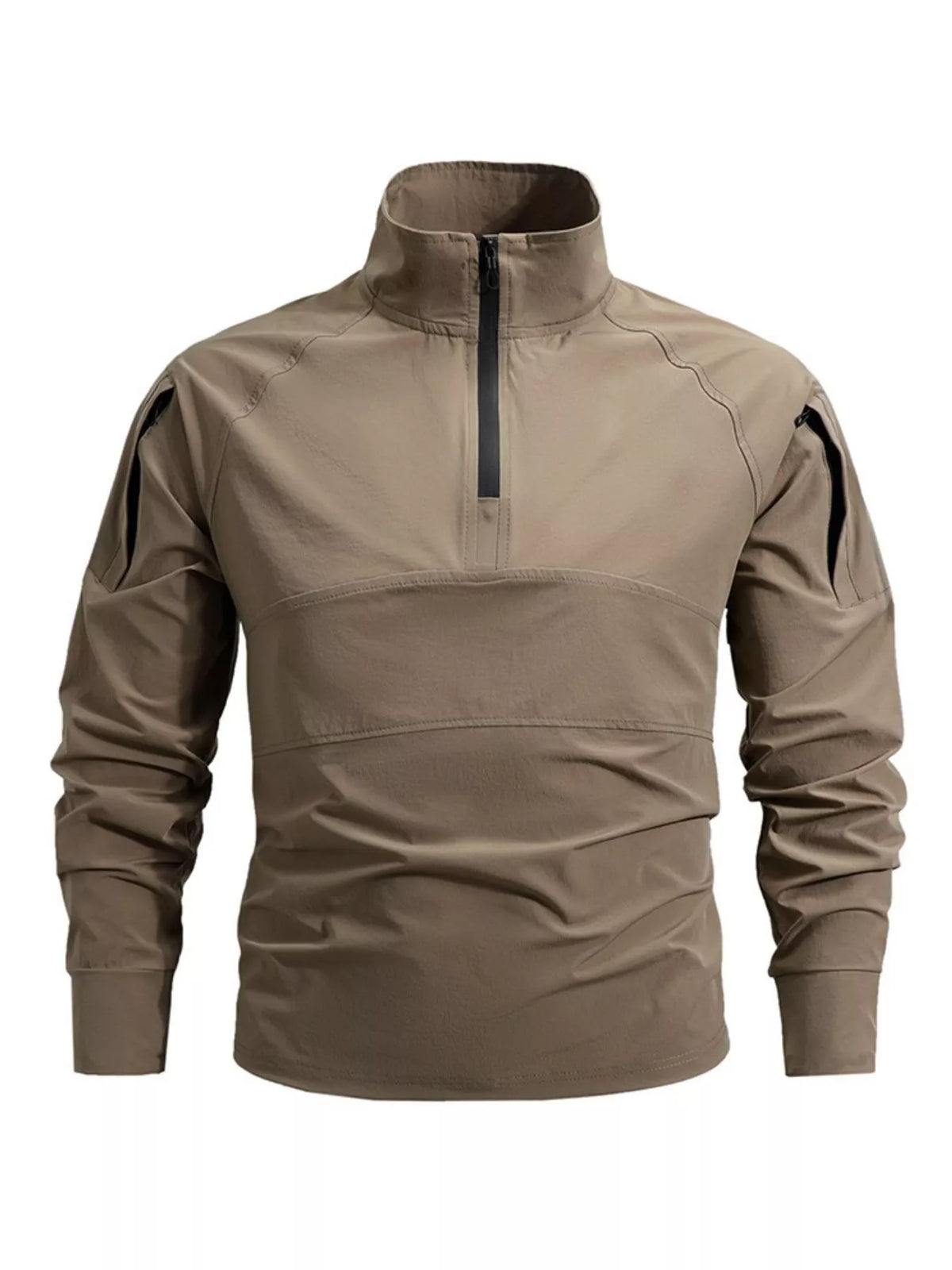 Khaki quick-dry half-zip sweatshirt with zippered chest pocket and shoulder pockets.
