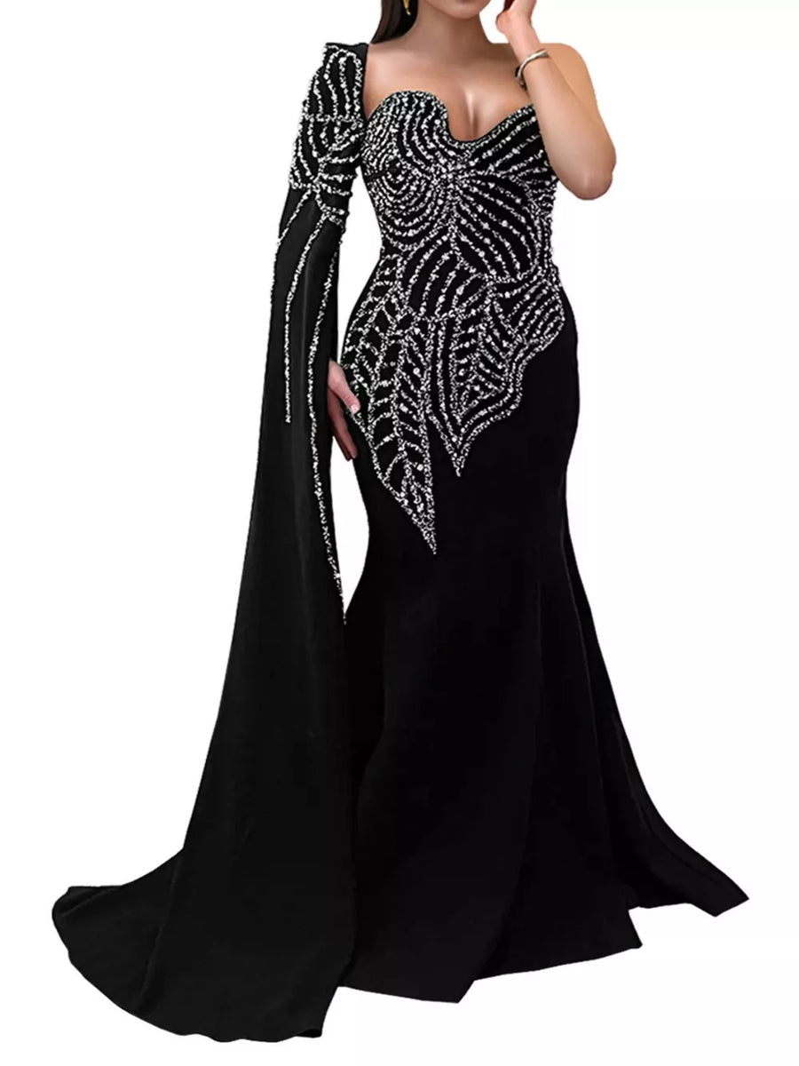 black formal gown with floor-length and back-zip