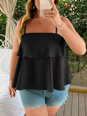 Black plus-size cami with tiered ruffle hem and square neckline.