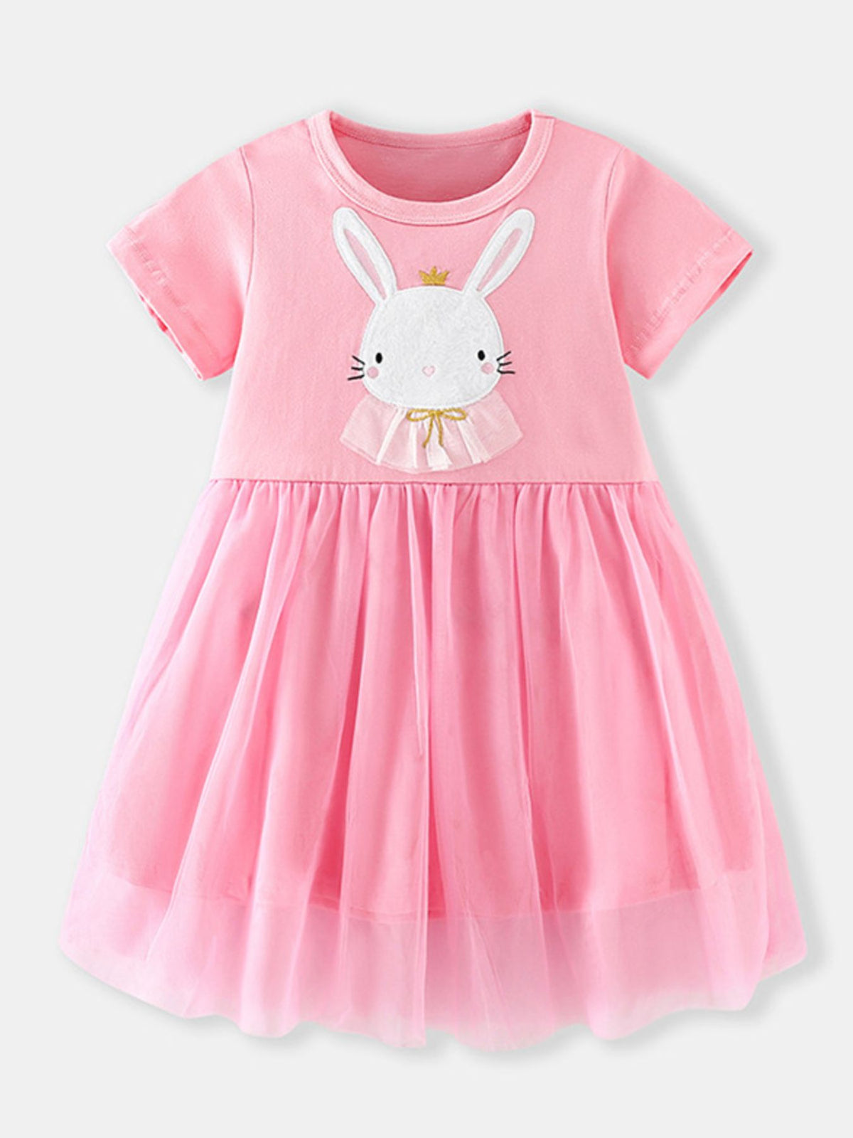 Pink cotton toddler dress with bunny appliqué and tulle skirt