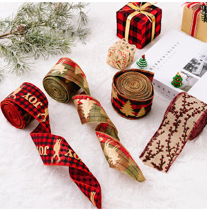 Festive holiday ribbons in red plaid with JOY and deer, green plaid with trees, and burlap with berries.