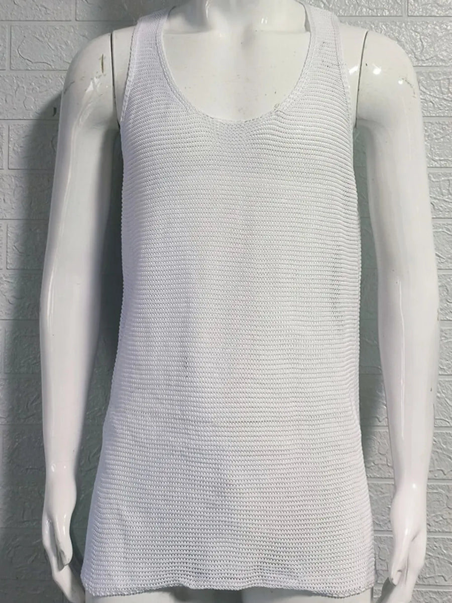 White open-knit scoop neck tank top with horizontal ribbing detail.