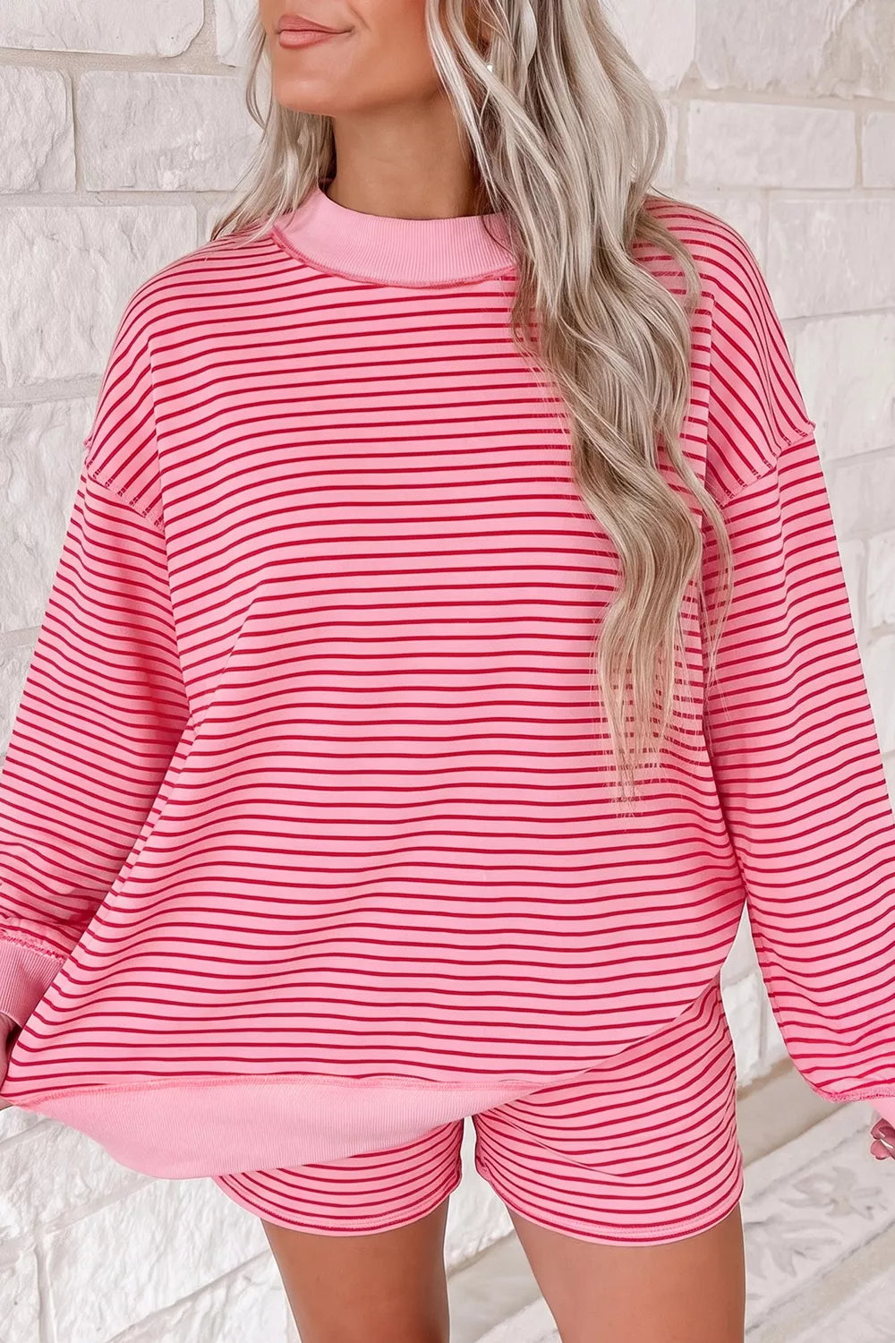 light pink lounge set with striped and mock neck