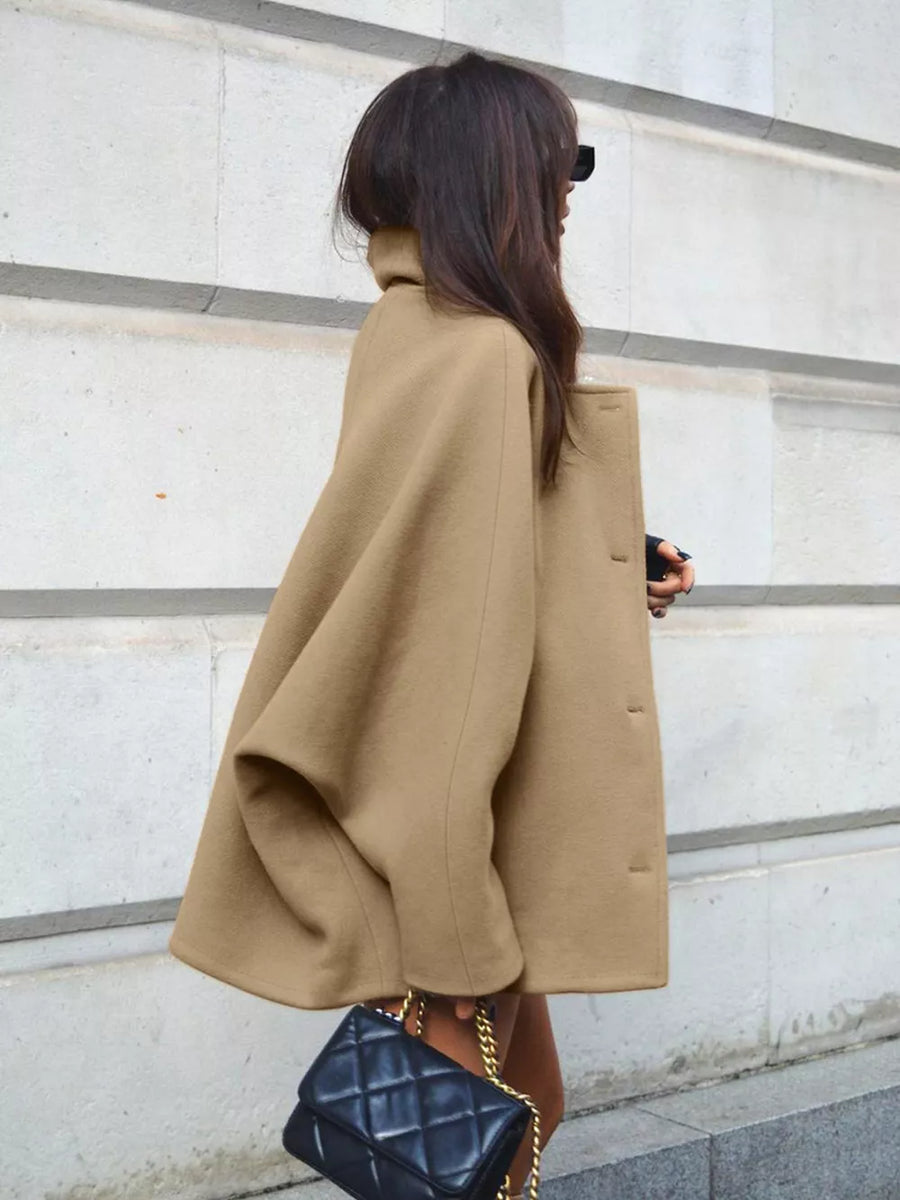 Khaki overcoat with hip-length and button-front