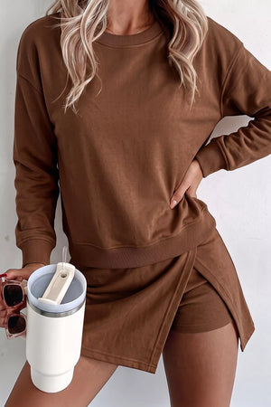 65% polyester, 35% cotton Care instructions: Machine wash cold lounge set in Brown with relaxed silhouette