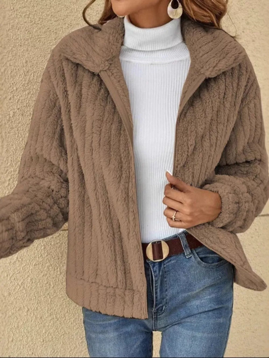 Full Size Faux Fur Zip-up Coat Plus Size in Apricot with plus-size