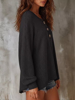 henley in taupe with buttoned placket and hip-length