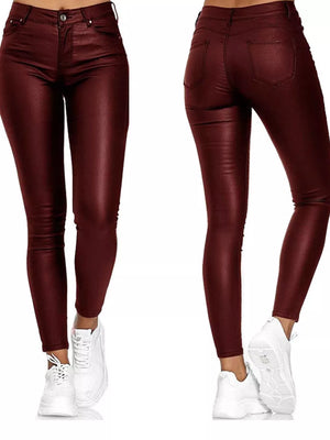 High-waisted red faux-leather skinny pants shown front and back.