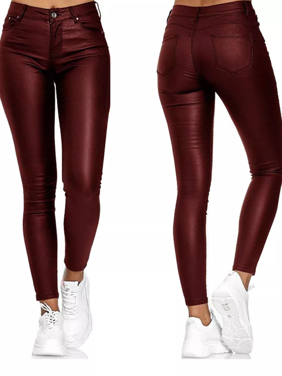 High-waisted red faux-leather skinny pants shown front and back.