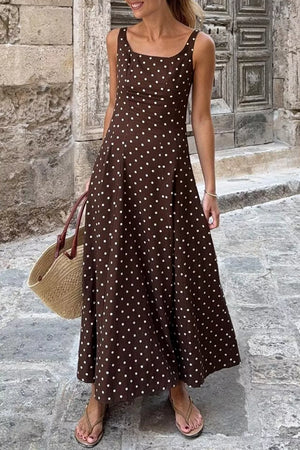 Brown polka dot sleeveless midi dress with square neckline and flared skirt