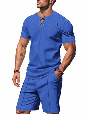Blue lace-up V-neck t-shirt and drawstring shorts set for men.