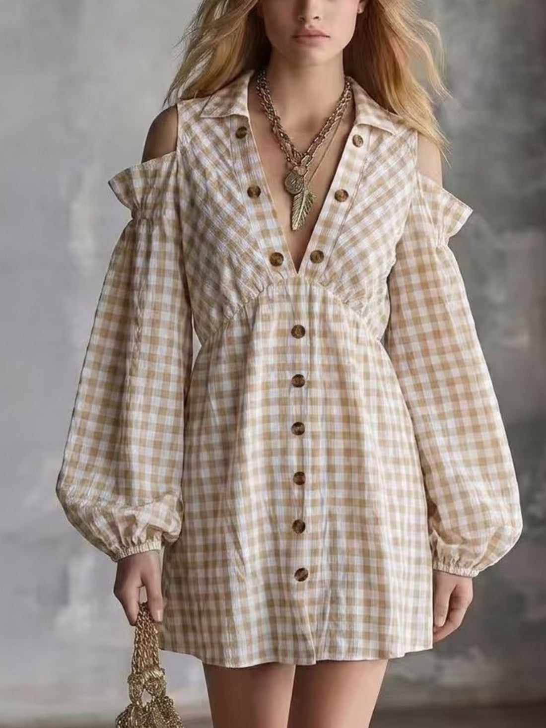tan mini dress with gingham and v-neck