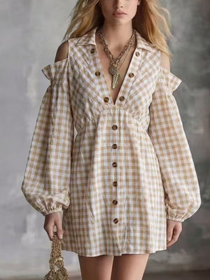 tan mini dress with gingham and v-neck