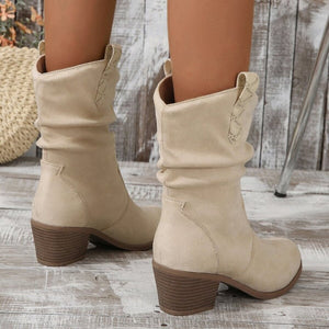 Round Toe Block Heels Boots in Blush Pink with round toe
