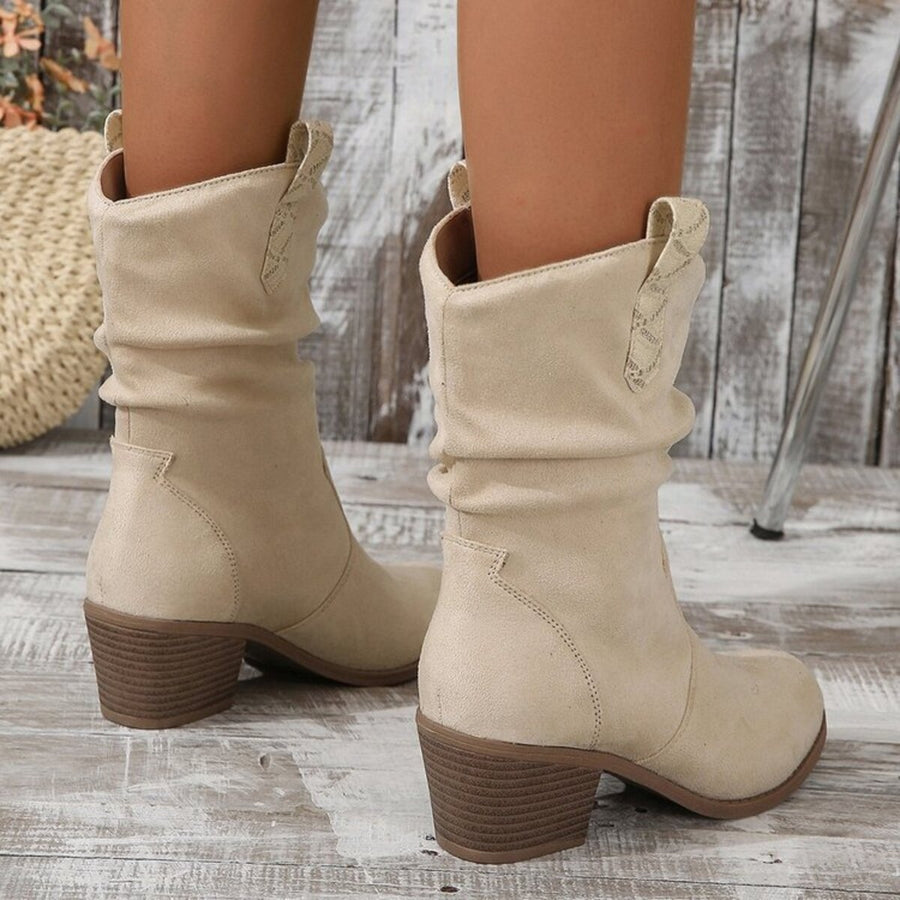 Round Toe Block Heels Boots in Blush Pink with round toe