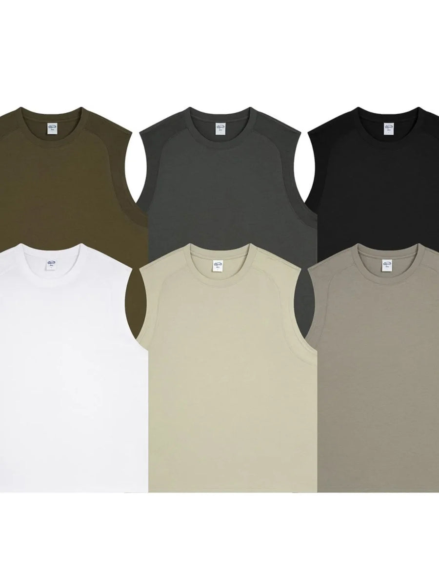 Sleeveless shoulder-seam tank tops in olive brown, dark gray, black, white, beige, and gray.