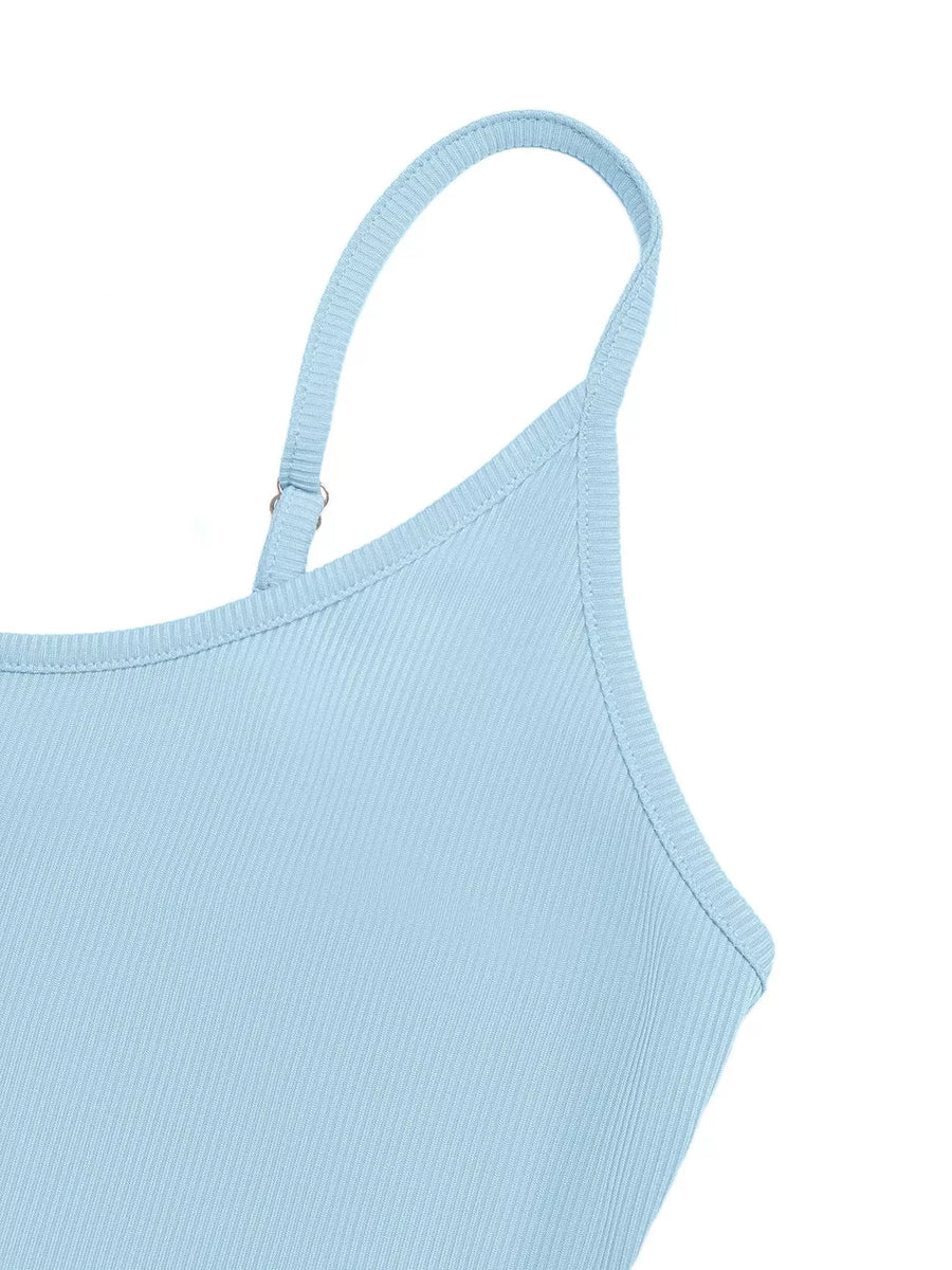 Light blue ribbed maxi dress with adjustable spaghetti straps.