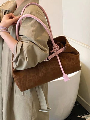 Brown leopard print PU leather shoulder bag with pink strap detail