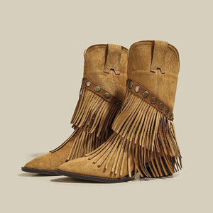 boots in Brown with fringe and ankle-length