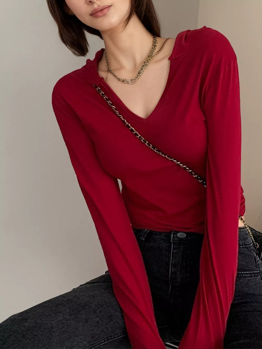 V-neck Long Sleeve Slim Fit T-shirt option 4