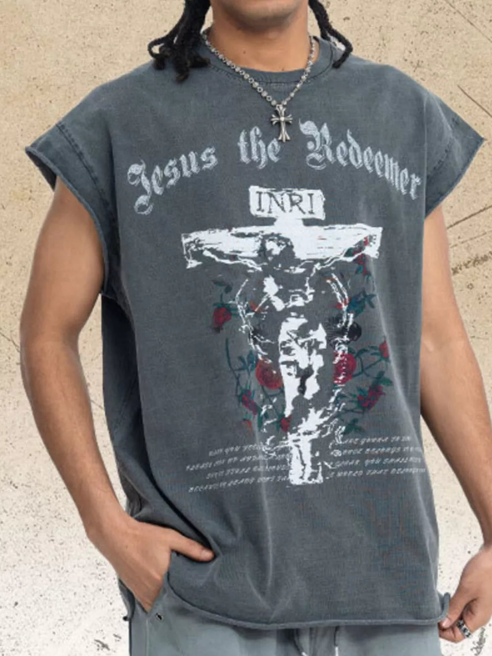 Dark gray cotton graphic tank top for men with Jesus the Redeemer print and raw hem.