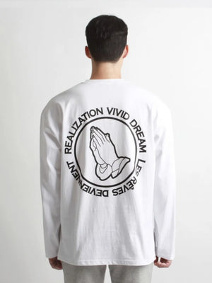 White long sleeve t-shirt with black praying hands graphic and text on back.