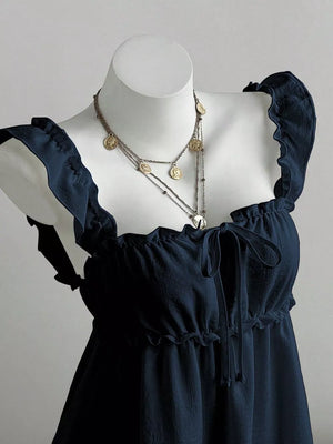Ruffled Square Neck Tie-front Mini Dress in Navy Blue